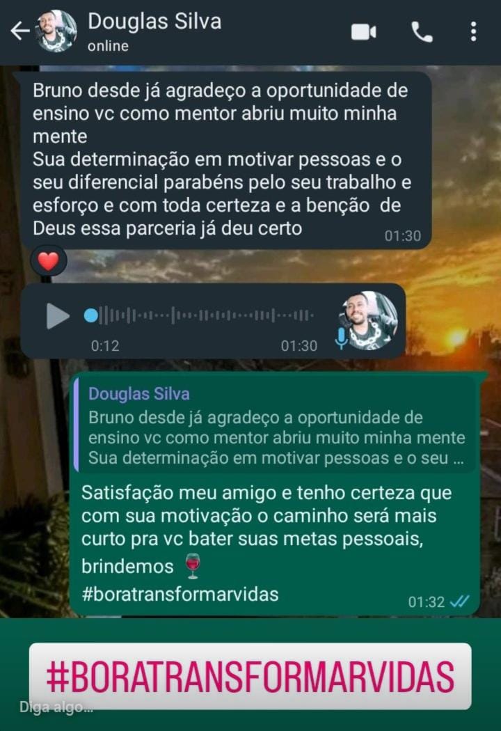 Print de conversa no WhatsApp com o cliente Douglas Silva elogiando a mentoria de Bruno Marcondes