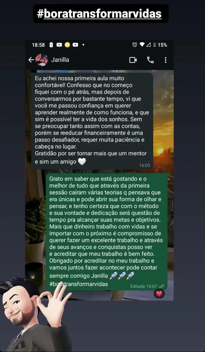 Print de conversa no WhatsApp com a cliente Janilla agradecendo a primeira aula de mentoria financeira