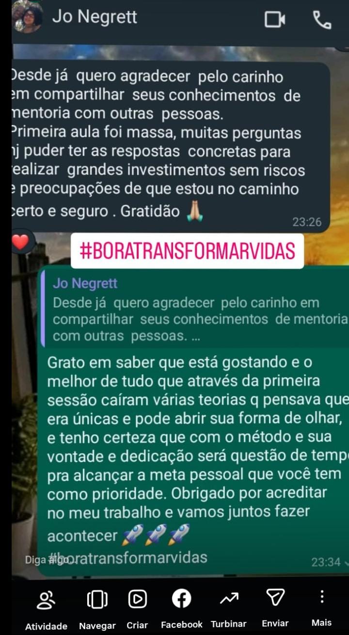 Print de conversa no WhatsApp com a cliente Jo Negrett agradecendo a mentoria de Bruno Marcondes