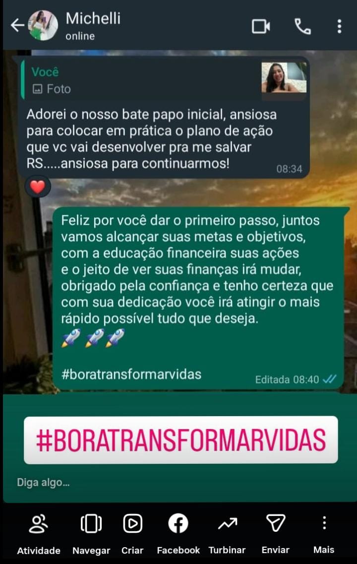 Print de conversa no WhatsApp com a cliente Michelli elogiando o plano de ação financeiro
